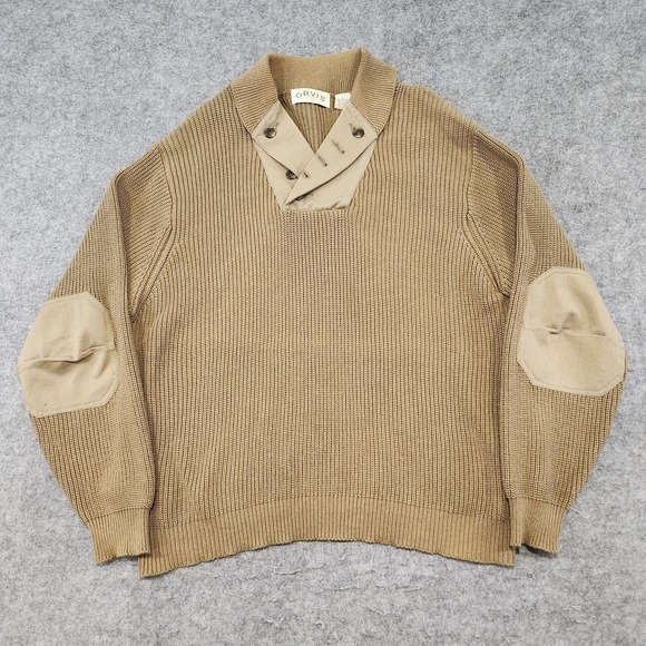 Orvis Mens L Large Cotton Knit Shawl Collar Infantry Button Sweater Elbow Pads - Picture 3 of 14